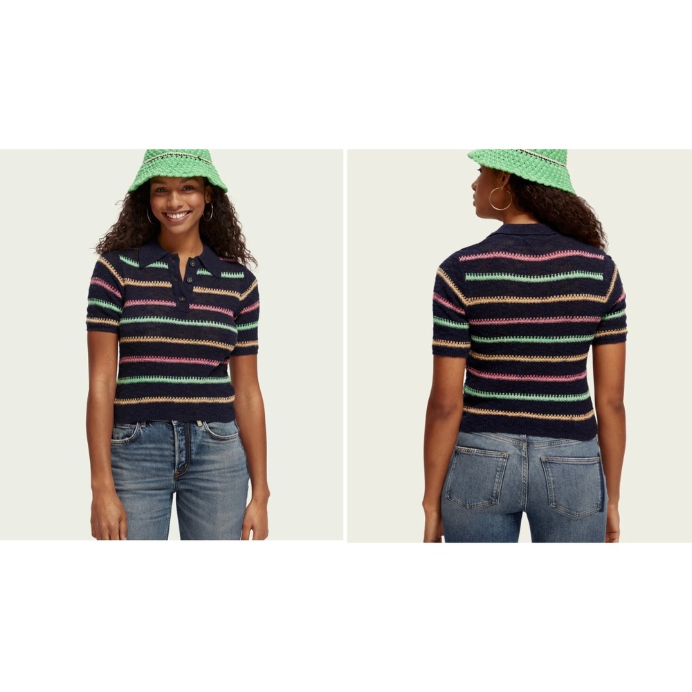 Scotch & Soda Womens Striped Knit Polo Sweater Navy Pink Green Organic Cotton